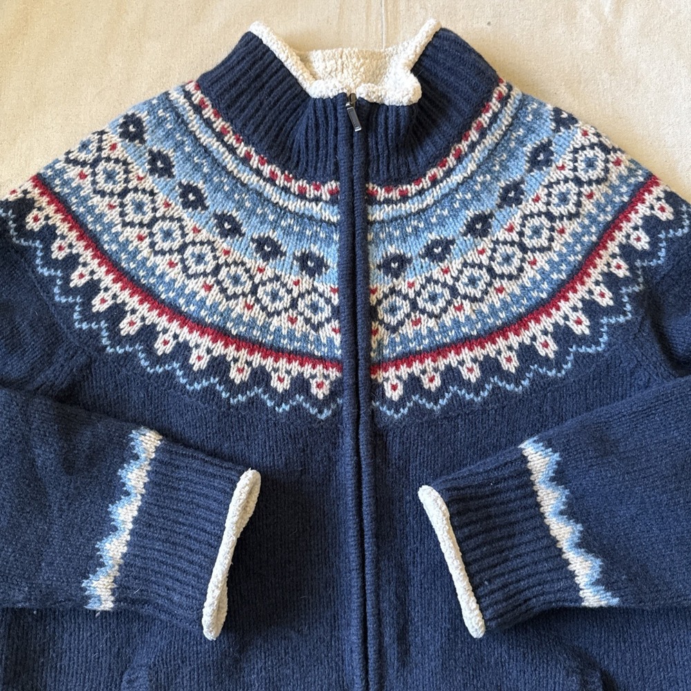 LL Bean Womens XL Sherpa Lined Fair Isle Blue Full Zip Sweater Jacket Fisherman